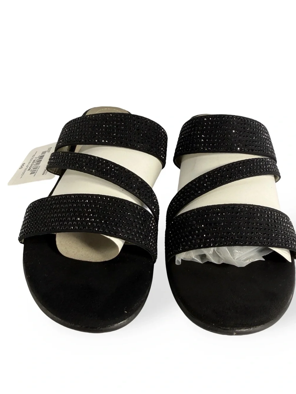 East 5th Black Rhinestone Triple-Strap Slide Sandals